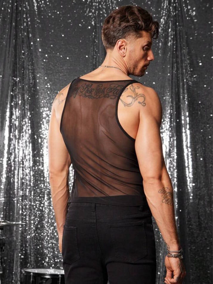 SWAVVY Men's Sexy & Fashionable Black Semi-Sheer Sleeveless Tank Top